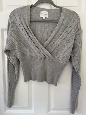 Pink Rose Gray Cable Crossover V-Neck Sweater
